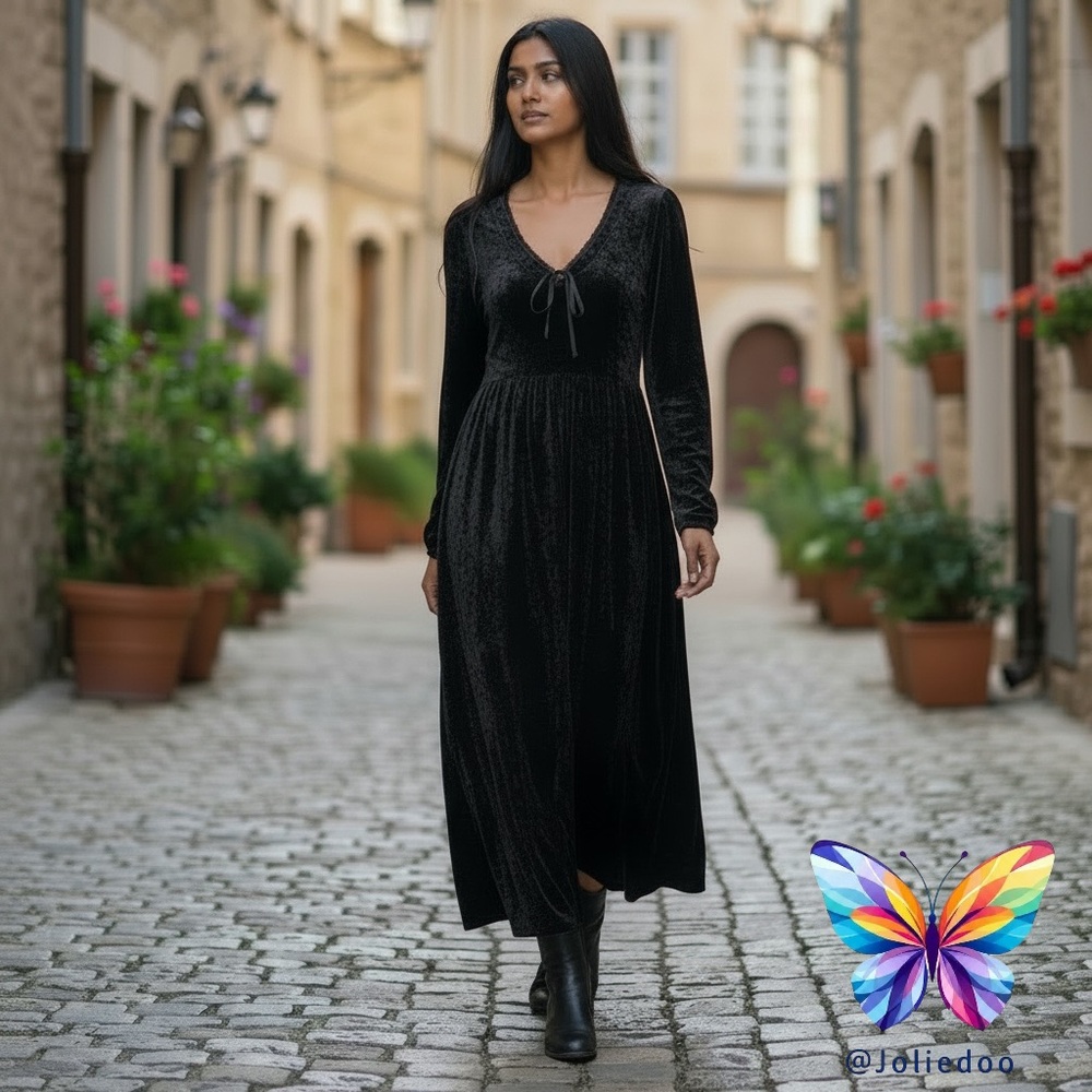 Le Château Elegant Black Velvet Long Sleeve Dress Small